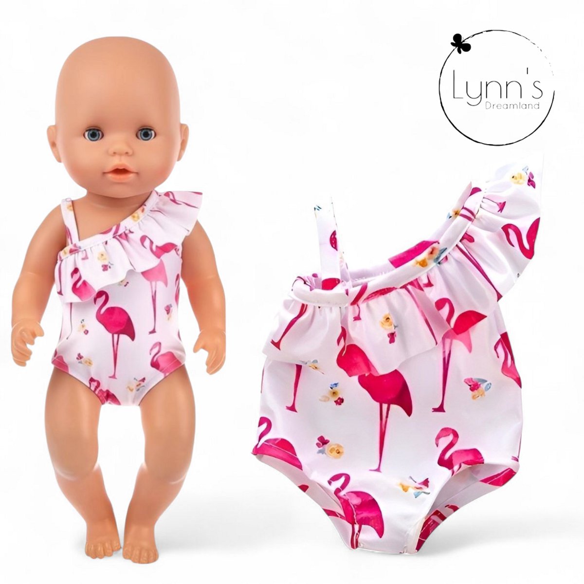 Poppenkleertjes voor babypop 43 cm - Roze flamingo badpak - In cadeauzakje - Poppenkleding geschikt voor o.a. Baby Born pop — afbeelding 4