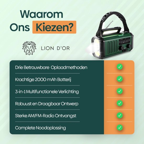 Groene noodradio met LION D'OR logo, ideaal als noodpakket.