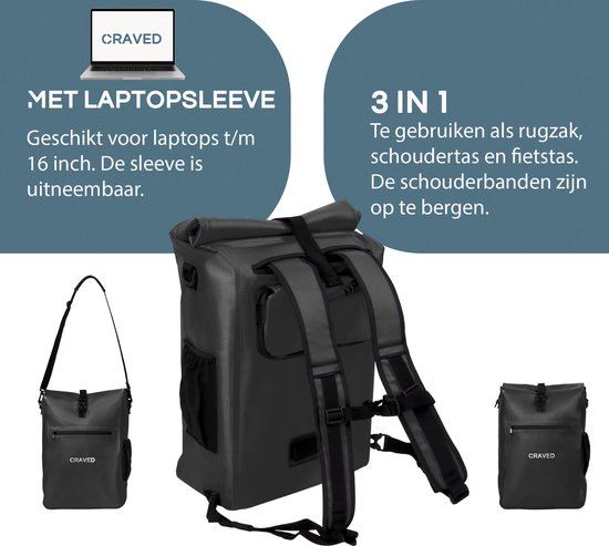 Craved Enkele Fietstas 3 in 1 Transit - 28L - Waterdicht - Geschikt voor elektrische fietsen - Zwart van Craved — afbeelding 5