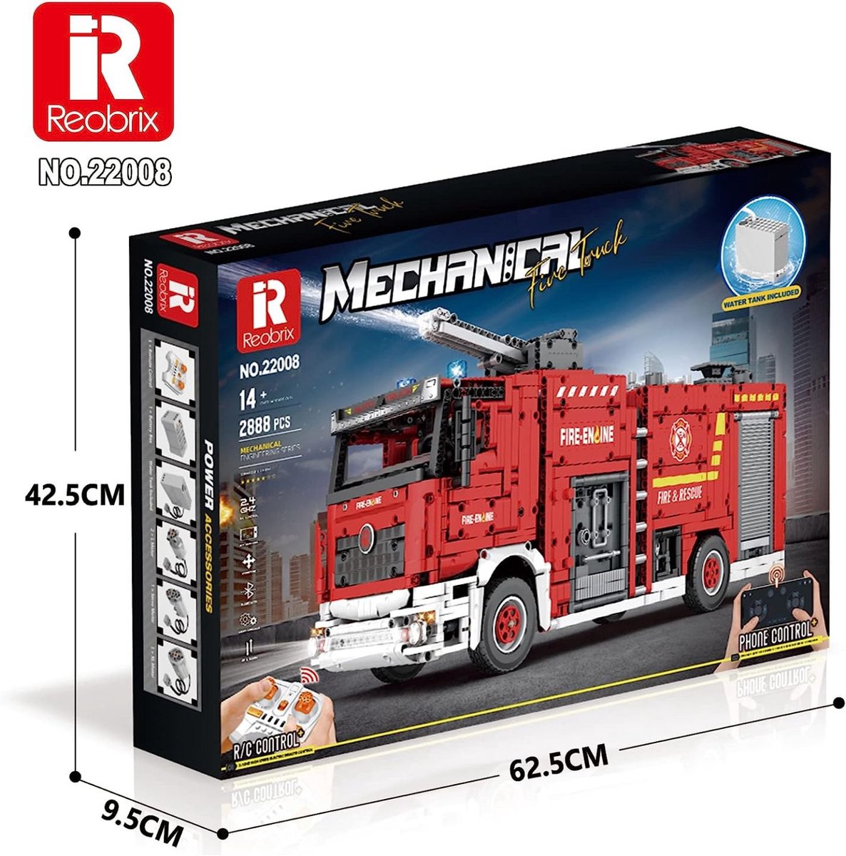 Reobrix 22008 Brandweer wagen met waterkanon bouwset | RC auto constructie modelbouw | Educatief speelgoed bouwpakketten voor kinderen & volwassenen | Met radiografisch bestuurbare remote | Accu niet geschikt voor Lego technic | 2888 bouwstenen – foto 7