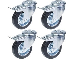 100 mm (4") rubberen zwenkwiel met rem, draaibaar, met een draagvermogen van 360 kg, set van 4