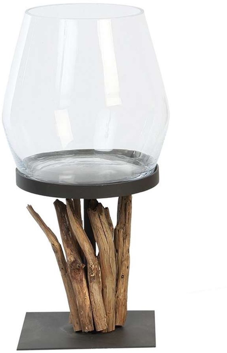Windlicht - Kaars houder - Windlicht - Hurricanlight Raisa - Zwart Metaal/Teak - Hoogte 50 cm