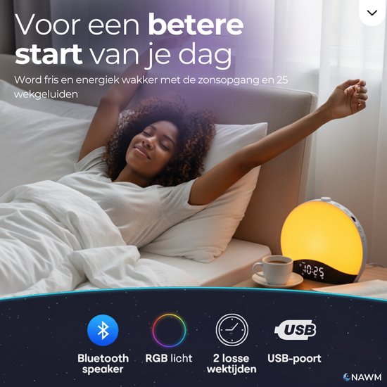 NAWM® Premium Wake Up Light - Digitale Wekker - Lichtwekker - Nachtlampje - Wekker - Bluetooth - 20 Helderheid niveaus - 25 Ontspanningsgeluiden - Incl. Nederlandse handleiding, EU stekker & Slaapgids