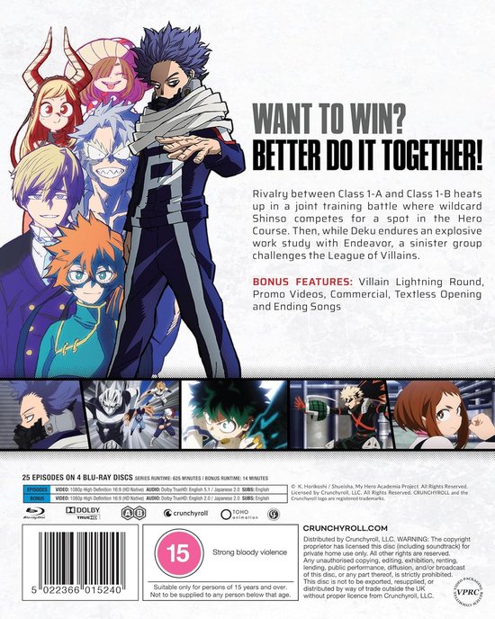 De achterkant van de Blu-ray hoes met anime personages, tekst "WANT TO WIN? BETTER DO IT TOGETHER!".