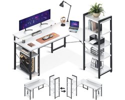 Hoekbureau Wit Met Boekenkast - L-Vormig Bureau Met Plank Links Of Rechts - Computertafel Met Extra Monitorstandaard - Thuiswerk Bureau 140 x 137 x 139,5 CM