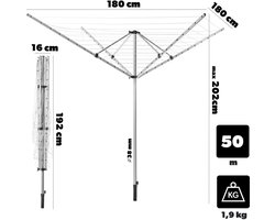 KADAX Wäschespinne mit 50 Meter Wäscheleine, Wäscheständer aus rostfreiem Aluminium für Draußen, höhenverstellbare Wäscheschirm mit Bodenhülse für Garten