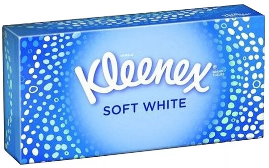 Tissus Kleenex Soft White, avec un motif bleu et blanc de bulles.