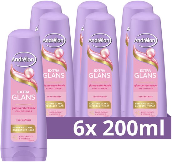 Zes paarse Andrélon Extra Glans conditionerflessen met gouden en roze details.