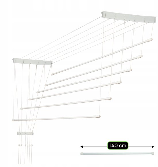 Séchoir à linge KADAX, séchoir à linge mural à 6 colonnes avec barres en acier revêtues de polyéthylène, capacité de charge 12 kg (6 x 140/blanc)
