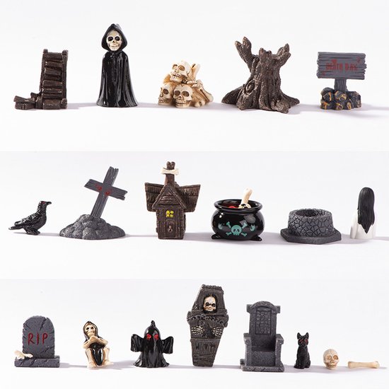 19 stuks Halloween Mini Hars Widget Set - (pompoen / spook / schedel / grafsteen) - geschikt voor doe-het-zelf handwerk - Festivalscène inrichting - Tuin decoratie - Halloween Widget Skelet Schedel