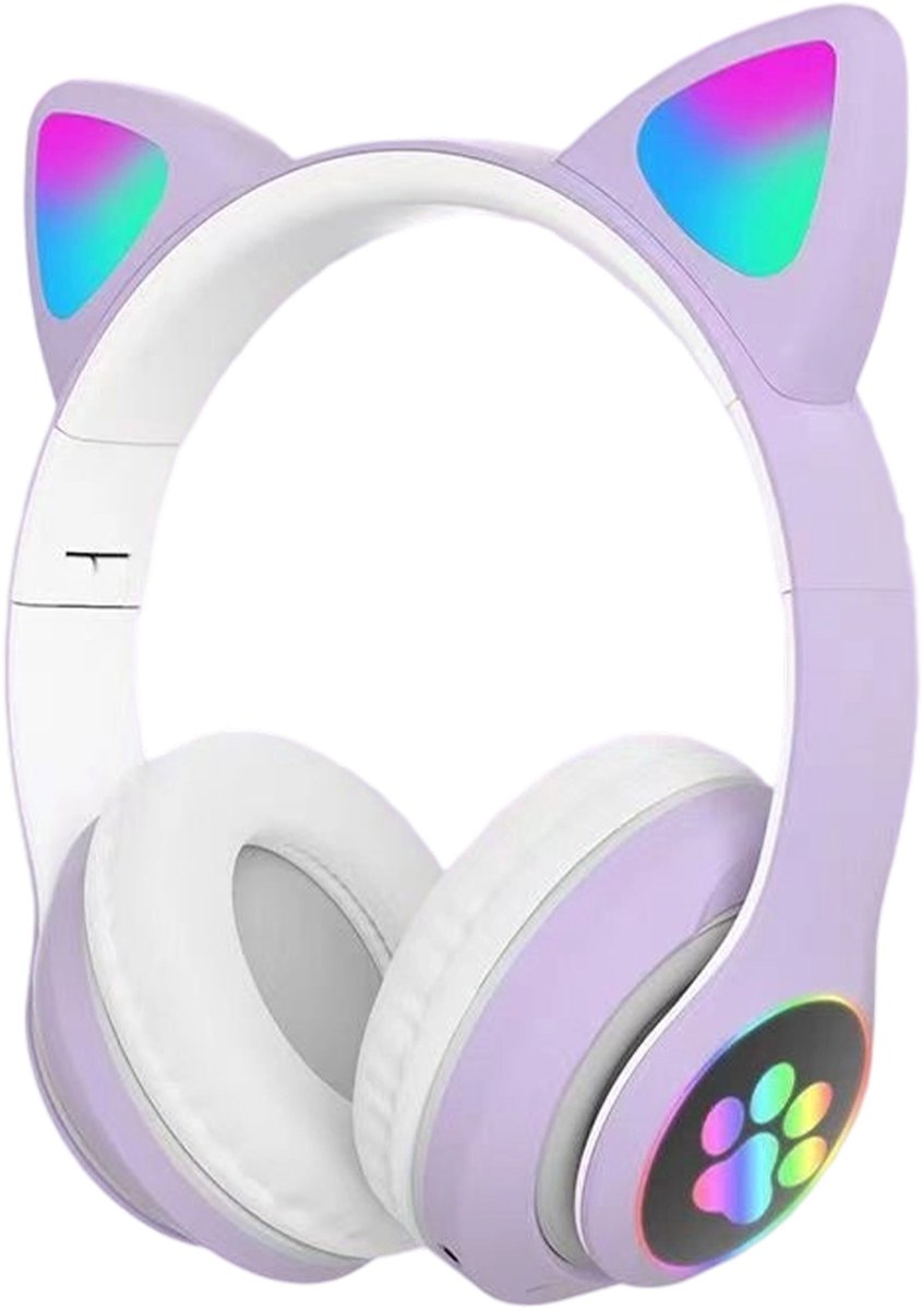 longziming Draadloze Kinder Koptelefoon – Cat Headphones met LED Oortjes – Bluetooth Hoofdtelefoon– Bluetooth 5.0 – Licht Groen – Met Verlichting – Opvouwbare opbergruimte – Lichtpaars