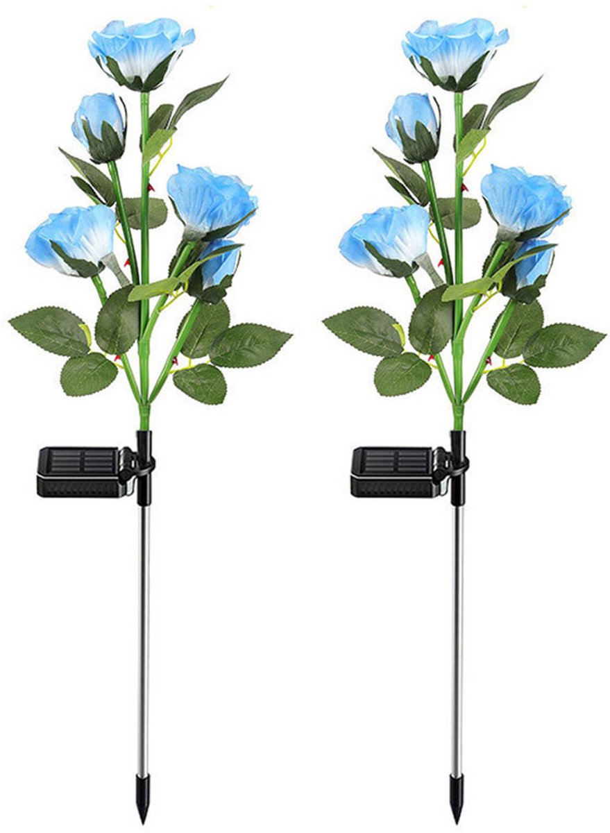 JeiibrZui Waterdichte Solar Bloemenlantaarns Voor Buiten - Zonnebloem Rozenverlichting - Prachtige Led-Roos Design Met Automatisch Sensor Systeem - 2 Stuks - Tuin Decoratie Blauw