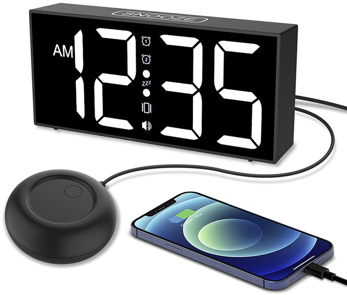 longziming Vibratie Wekker – Extra Luid Alarm met Bed Shaker – LED Display 7.5 inch – 3 Alarm Modi– 4 Helderheden – 4 Volumes – Dubbel Alarm – Snooze – Voor Diepe Slapers & Slechthorenden– Zwart