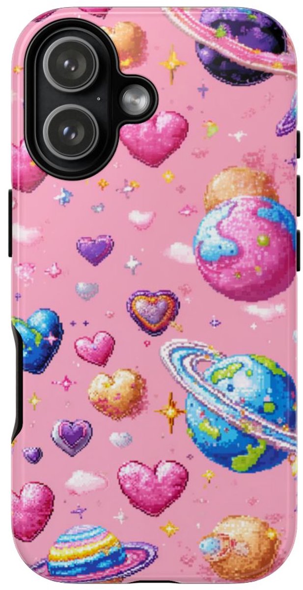 Pixel Art Harten en Planeten Patroon – Telefoonhoesje Geschikt voor iPhone 17