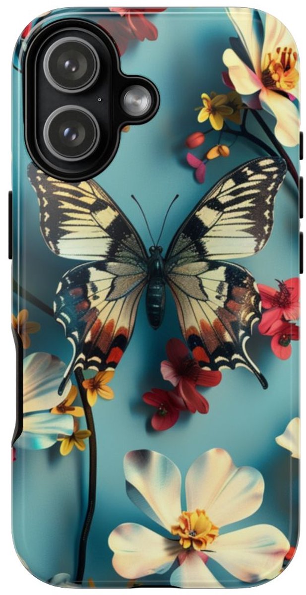 Vlinder en Bloemenpatroon op Blauw – Telefoonhoesje Geschikt voor iPhone 17