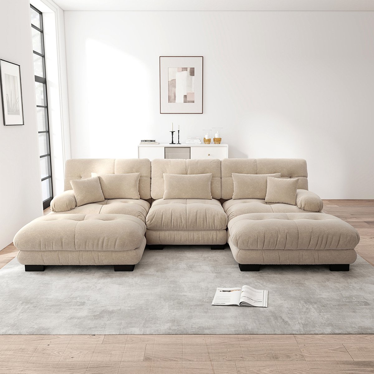 BLACKCOLORS Luxe modulaire hoekbank - Oversized U-vormige Cloud-bank voor woonkamer, slaapbank met poef, lichtbruine chenille