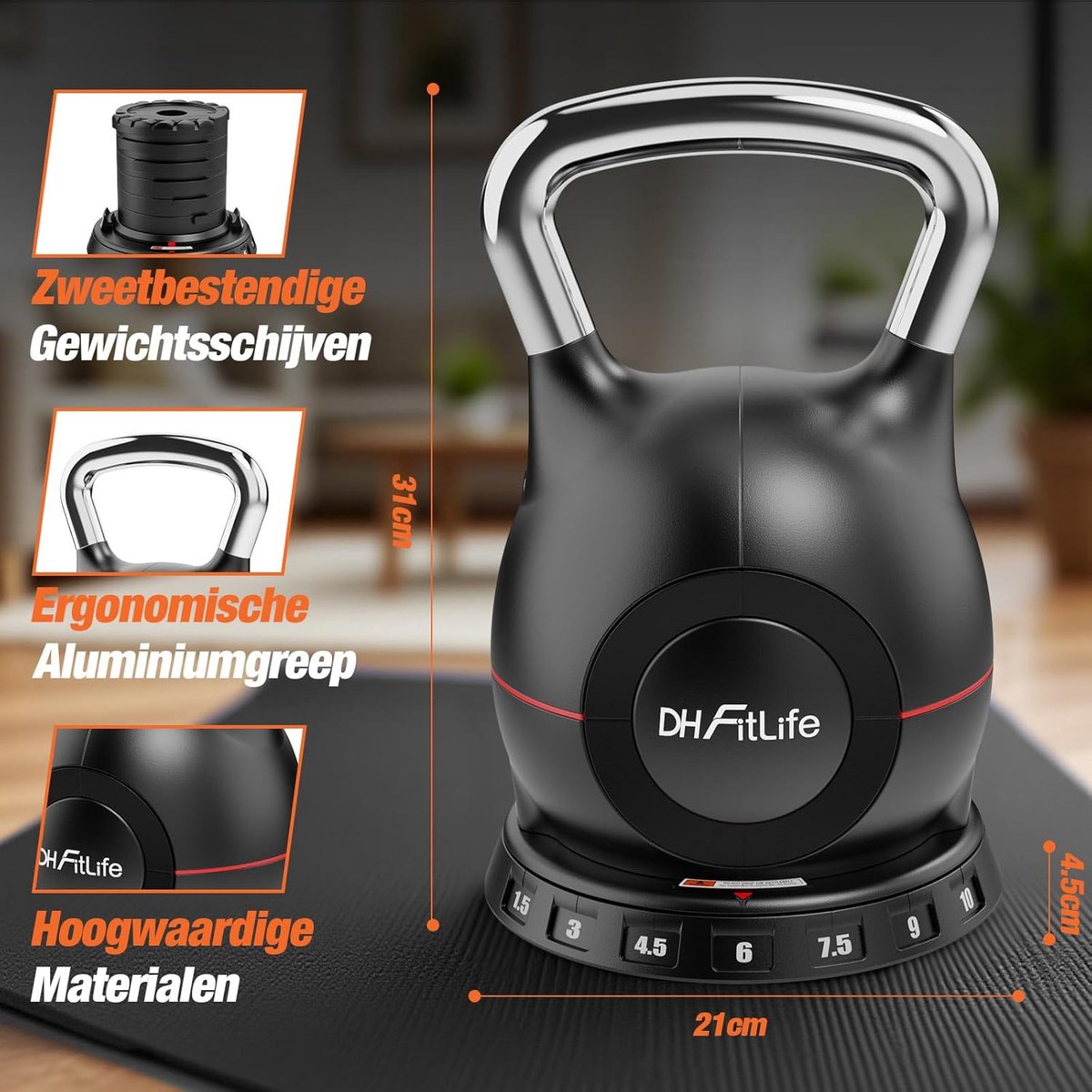DH FitLife VersteDH FitLife Verstelbare Kettlebell Set 7-in-1 (1,5–10 kg) – Compacte Kettlebell met 7 Gewichten – Ideaal voolbare Kettlebell Set 7-in-1 (1,5–10 kg) – Compacte Kettlebell met 7 Gewichten – Ideaal voor Thuis Fitness & Full Body Workouts – foto 6