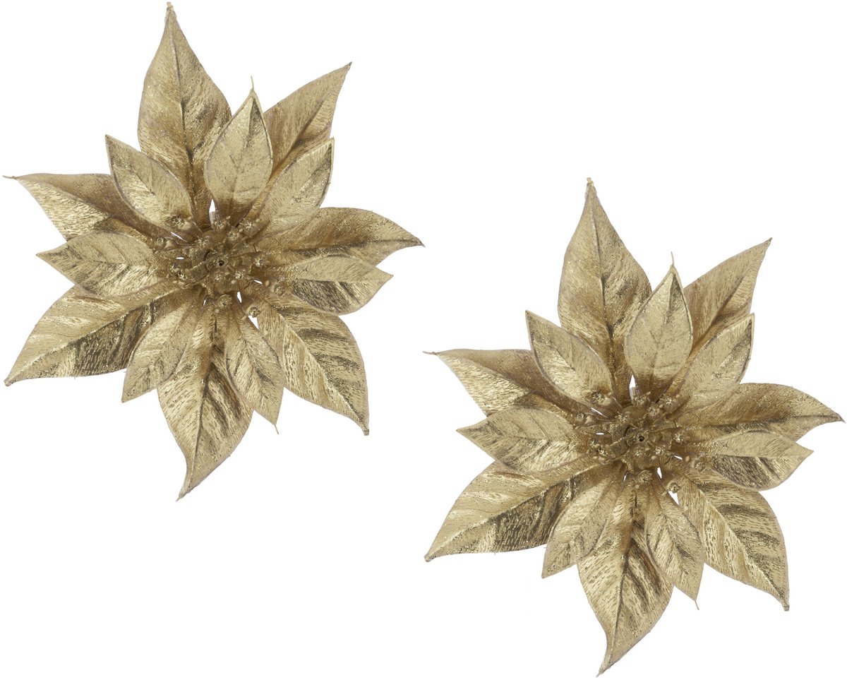 Cosy & Trendy Decoratie bloem - 2x stuks - kerstster - op clip - goud - glitter -18 cm - kunststof - kerstversiering Goudkleurig
