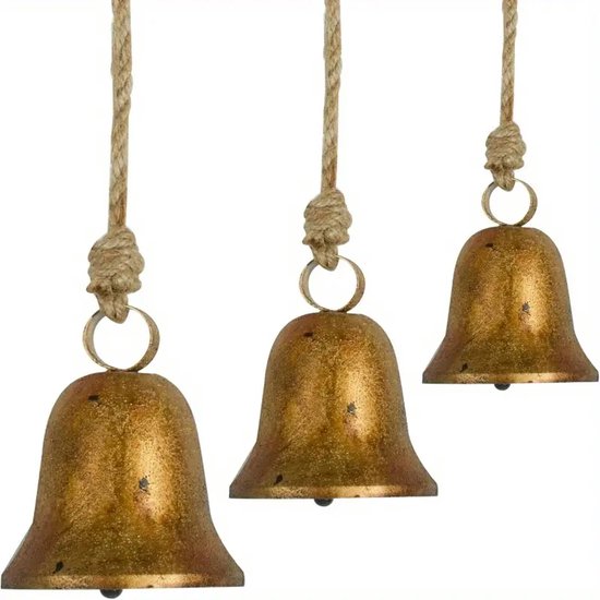 Cloches de Noël rustiques faites à la main, cloches en fer vintage avec corde de jute à suspendre, 3 tailles de cloches porte-bonheur antiques pour la décoration de Noël, exclusivement pour Noël