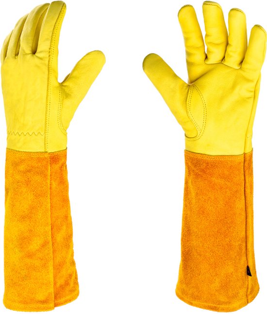 Gele leren handschoenen met lange, oranje suède manchetten. Twee stuks.
