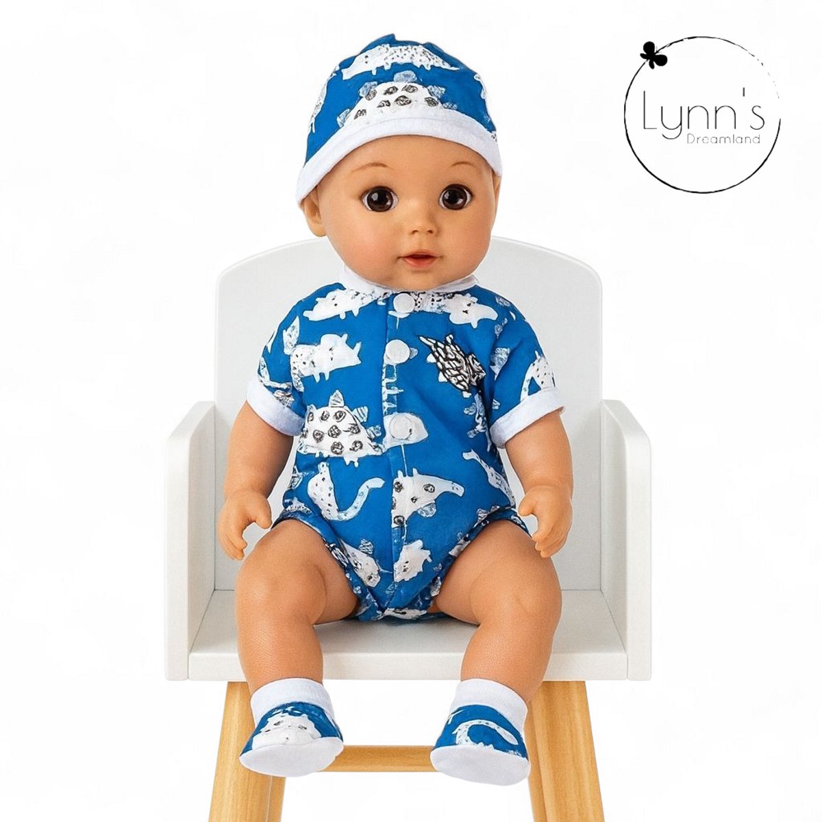 Poppenkleertjes voor babypop 43 cm - Romper met slofjes en muts - Dinosaurus - In cadeauzakje - Poppenkleding set geschikt voor o.a. Baby Born pop — afbeelding 7