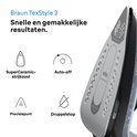 Het Braun TexStyle 3 stoomstrijkijzer met SuperCeramic-strijkzool, precisiepunt, druppelstop en auto-off.