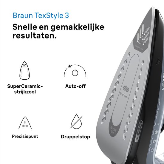 Het Braun TexStyle 3 stoomstrijkijzer met SuperCeramic-strijkzool, precisiepunt, druppelstop en auto-off.