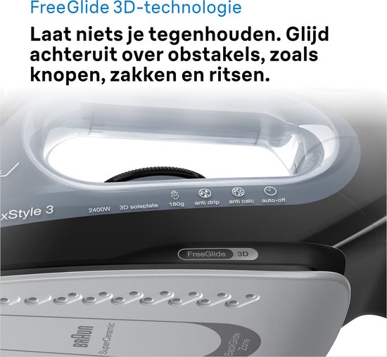 De strijkzool 'FreeGlide 3D' van het Braun TexStyle 3 stoomstrijkijzer, met diverse functies.