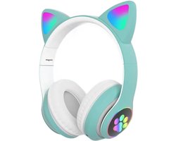 longziming Draadloze Kinder Koptelefoon – Cat Headphones met LED Oortjes – Bluetooth Hoofdtelefoon– Bluetooth 5.0 – Licht Groen – Met Verlichting – Opvouwbare opbergruimte – Groen en wit