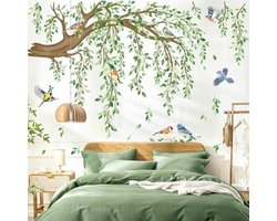 PromoHome Lente Grote Hangende Wijnstok Muursticker Set - Groene Bladeren, Boomtakken, Bloemen en Vogels - Zelfklevende Wanddecoratie voor Woonkamer, Slaapkamer en TV Achtergrond