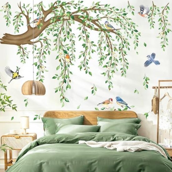 PromoHome Lente Grote Hangende Wijnstok Muursticker Set - Groene Bladeren, Boomtakken, Bloemen en Vogels - Zelfklevende Wanddecoratie voor Woonkamer, Slaapkamer en TV Achtergrond