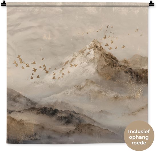Wandkleed 90x90 cm - Wanddoek Berglandschap - Mist - Penseelstreken - Wandtapijt - Wandkleden