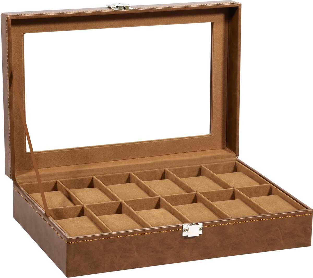 Uten Luxe HorlogeBox - Horlogedoos Heren Dames - Sieradendoos - 12 vakken - Bruin