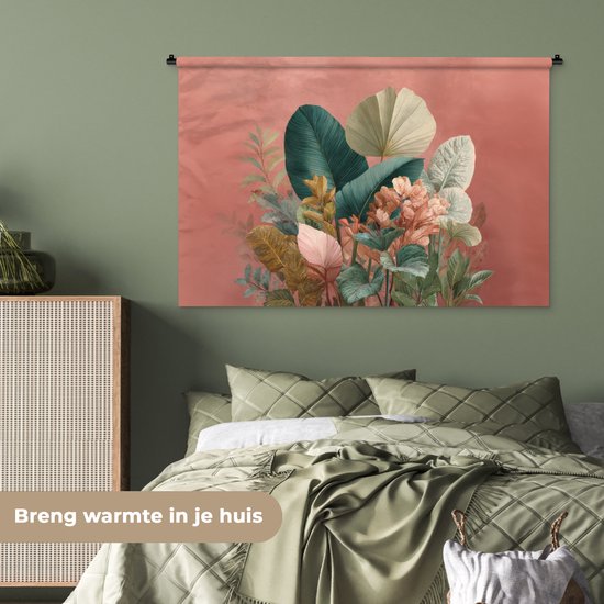 Wandkleed met tropische bladeren in roze en groen, hangend boven een bed.