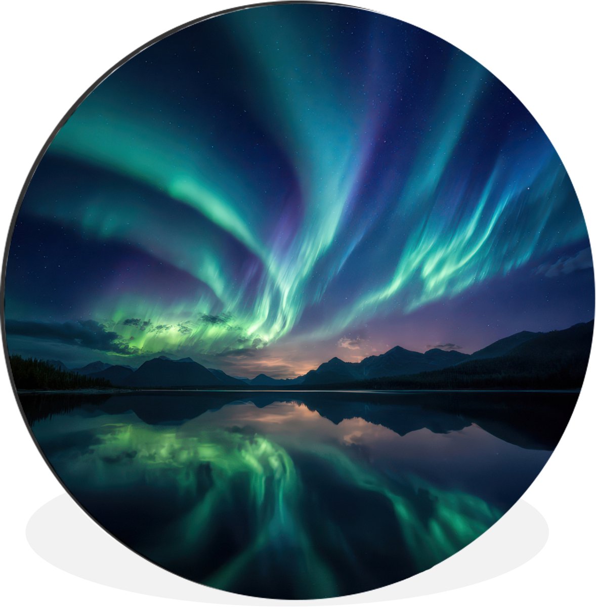 WallCircle Wandcirkel - Muurcirkel - Noorderlicht - Kleurrijk - Bergmeer - Aluminium - Dibond - 120x120 cm - Binnen en Buiten Noorderlicht - Meer - Bergen