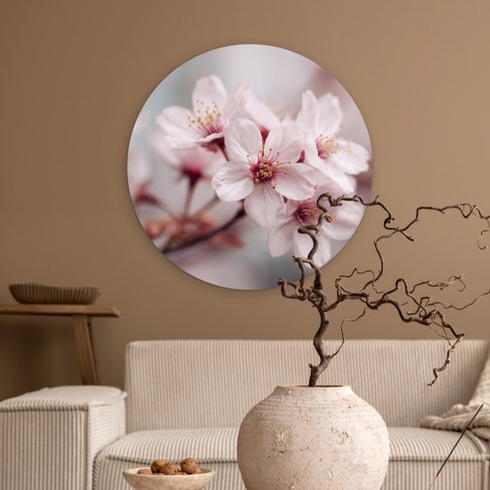 WallCircle® Wandcirkel 60x60 cm - Muurcirkel Bloesems - Meeldraden - Geel - Wazig - Muurdecoratie woonkamer - Wanddecoratie slaapkamer - Kamer decoratie accessoires - Ronde schilderijen