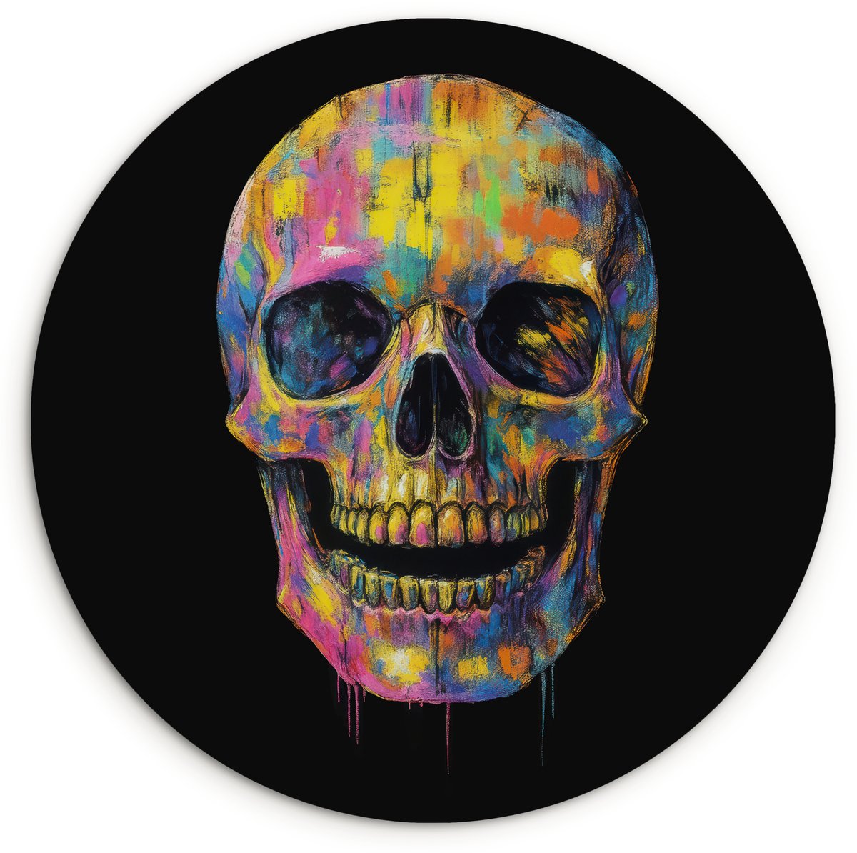 WallCircle Wandcirkel 150x150 cm - Muurcirkel Penseelstreken - Schedel - Kleurrijk - Abstract - Muurdecoratie woonkamer - Wanddecoratie slaapkamer - Kamer decoratie accessoires - Ronde schilderijen Schedel - Penseelstreken