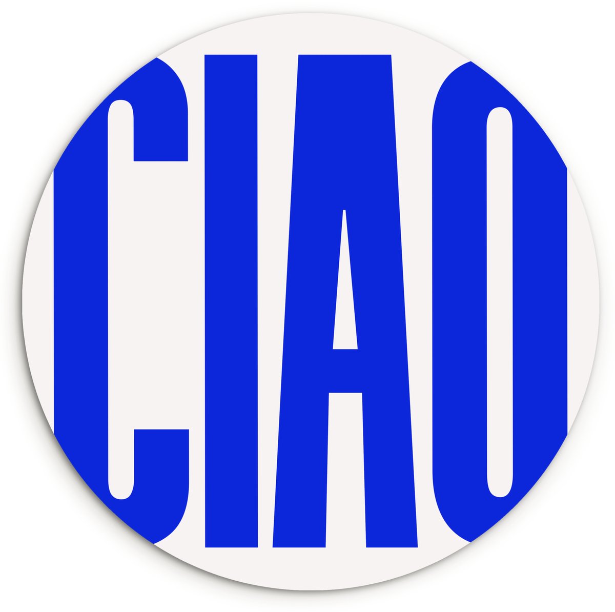WallCircle Wandcirkel 60x60 cm - Muurcirkel Ciao - Hoofdletters - Blauw - Minimalistisch - Muurdecoratie woonkamer - Wanddecoratie slaapkamer - Kamer decoratie accessoires - Ronde schilderijen Tekst - Ciao