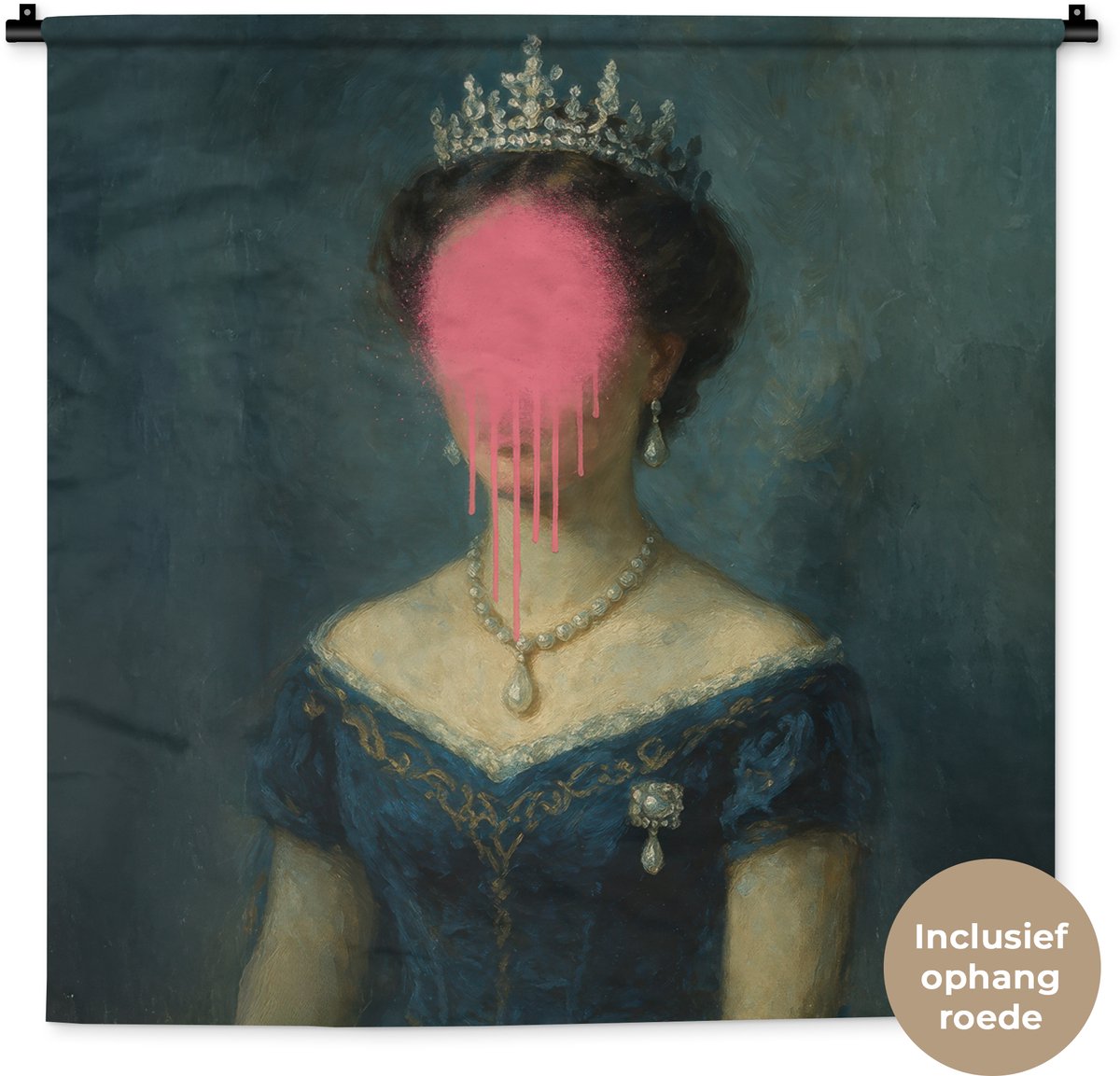 Wandkleed 90x90 cm - Wanddoek Kroon - Roze druipend verf - Portret - Wandtapijt - Wandkleden