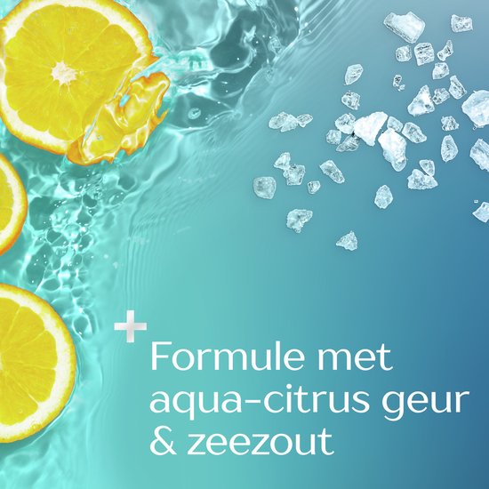 Sinaasappelschijfjes in water met zeezoutkristallen en de tekst 'Formule met aqua-citrus geur & zeezout'.