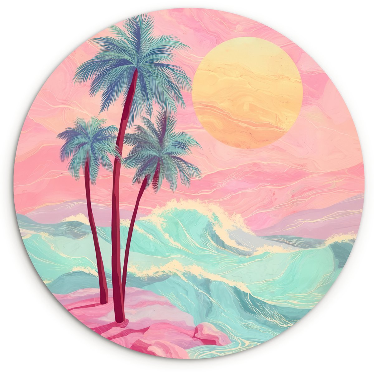 WallCircle Wandcirkel 150x150 cm - Muurcirkel Palmbomen - Golven - Zee - Muurdecoratie woonkamer - Wanddecoratie slaapkamer - Kamer decoratie accessoires - Ronde schilderijen