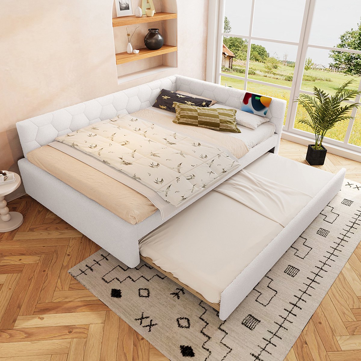 BLACKCOLORS Dagbed, 140*200 cm Dagbed, slaapbank, bed met lattenbodem (zonder matras), met nachtlampje, met multifunctioneel uitschuifbed, USB-aansluiting, type C, comfortabel materiaal, imitatie fleece, wit