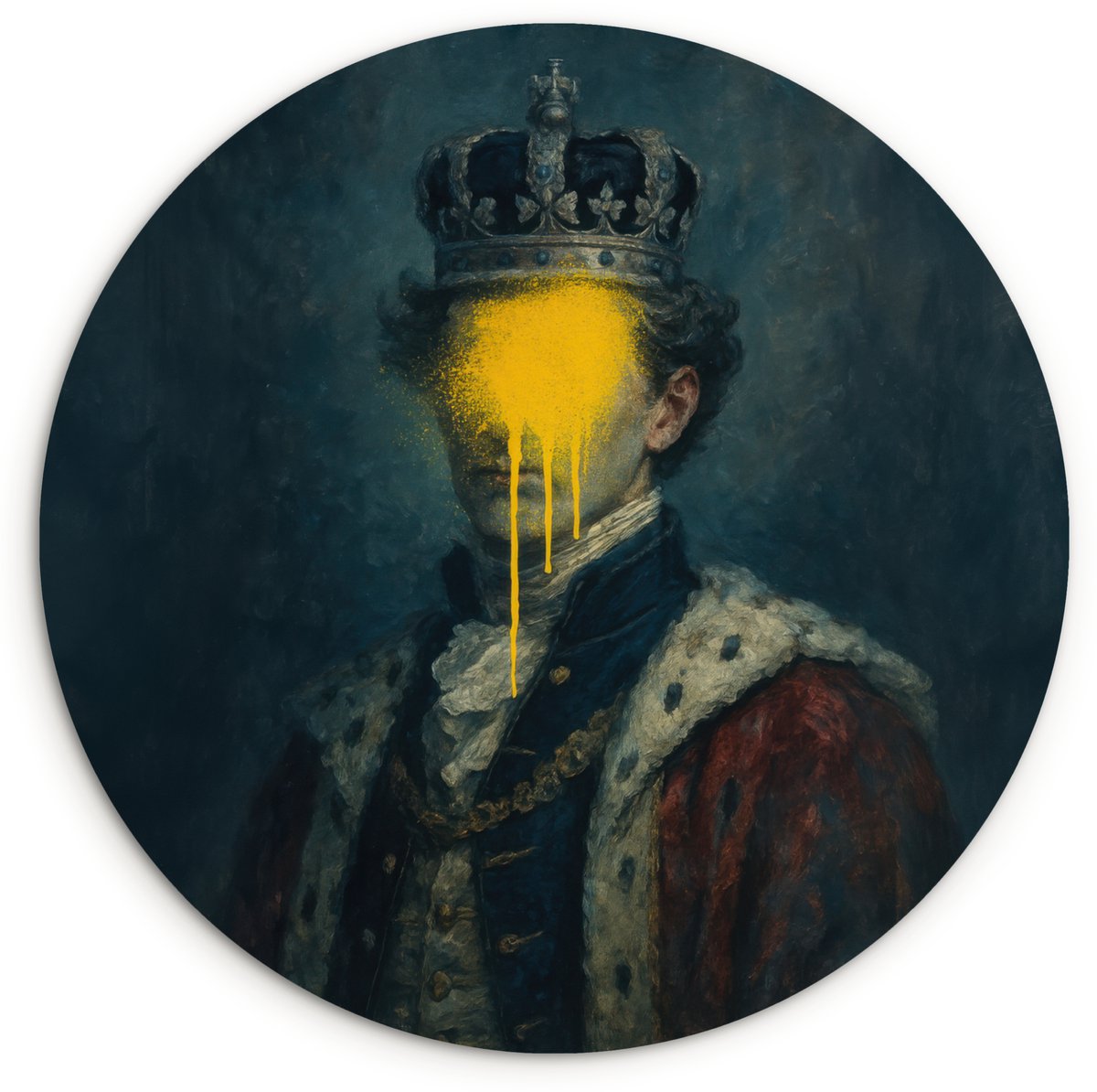 WallCircle Wandcirkel 120x120 cm - Muurcirkel Koning - Portret - Druipende gele verf - Muurdecoratie woonkamer - Wanddecoratie slaapkamer - Kamer decoratie accessoires - Ronde schilderijen Koning - Portret - Verf
