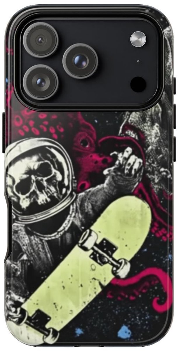 Schedel-Astronaut met Skateboard en Octopus – Telefoonhoesje Geschikt voor iPhone 17 Pro
