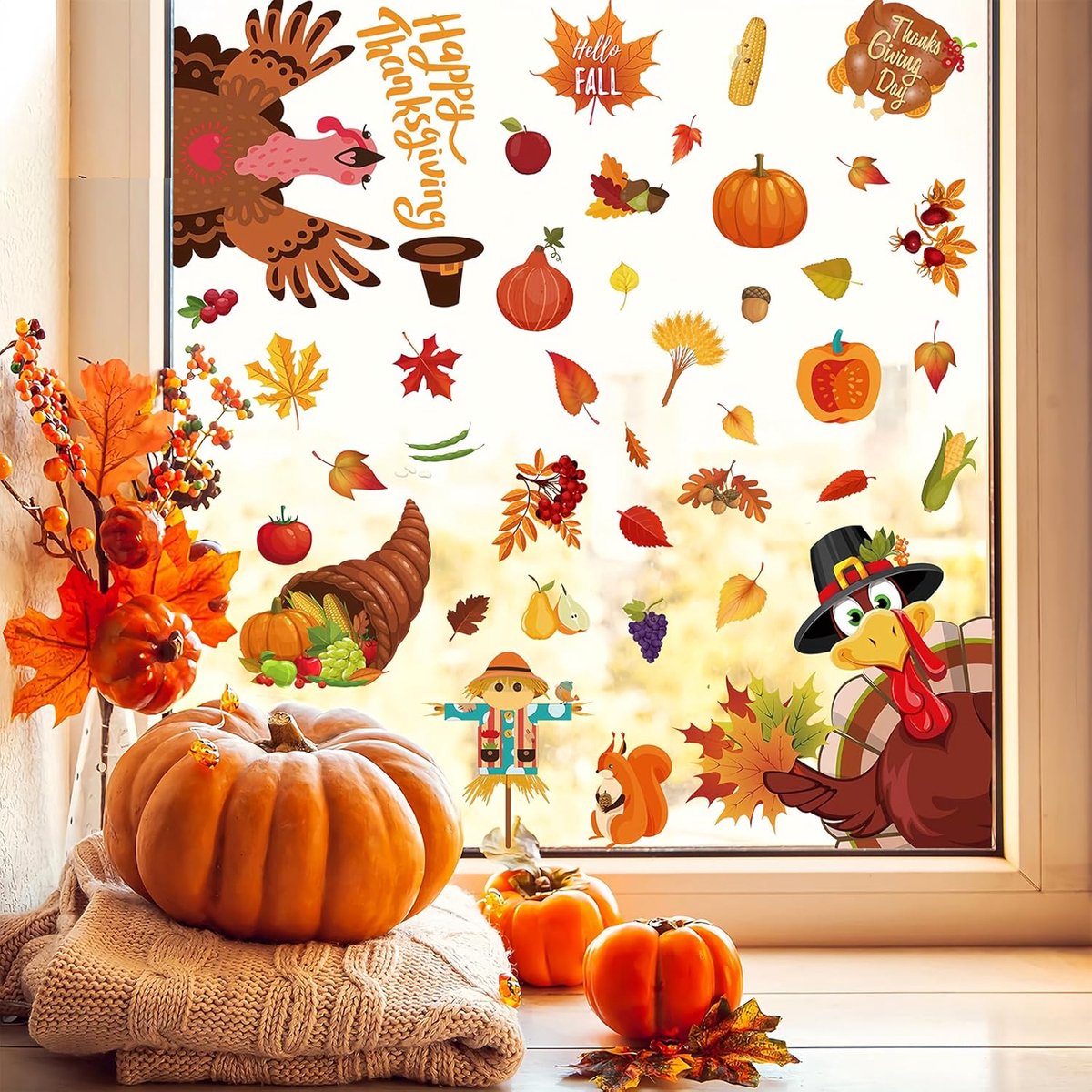9 vellen Thanksgiving herfst raamstickers. Kalkoen en pompoen. Raamstickers met herfstbladeren, perfect voor de herfst. Geschikt voor thuis, slaapkamer, kantoor, woonkamer, school, raamdecoratie, accessoires en feestartikelen - Cyslmuk®
