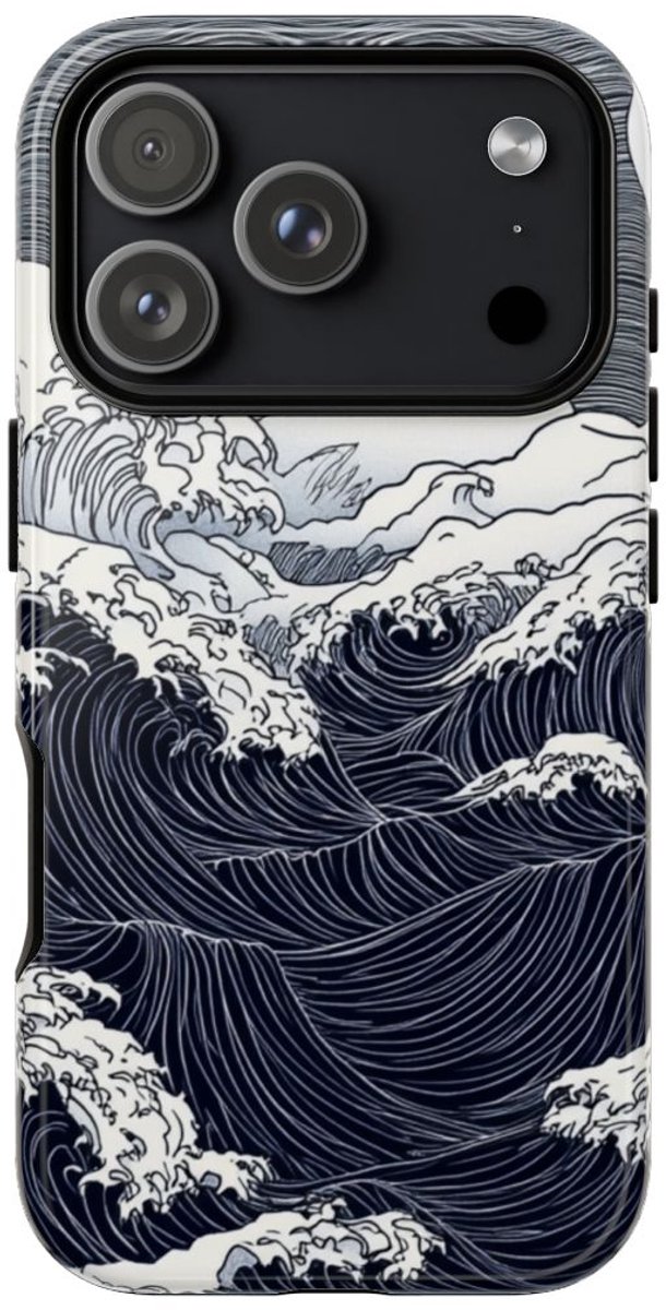 Monochrome Oceaangolven met Maan – Telefoonhoesje Geschikt voor iPhone 17 Pro