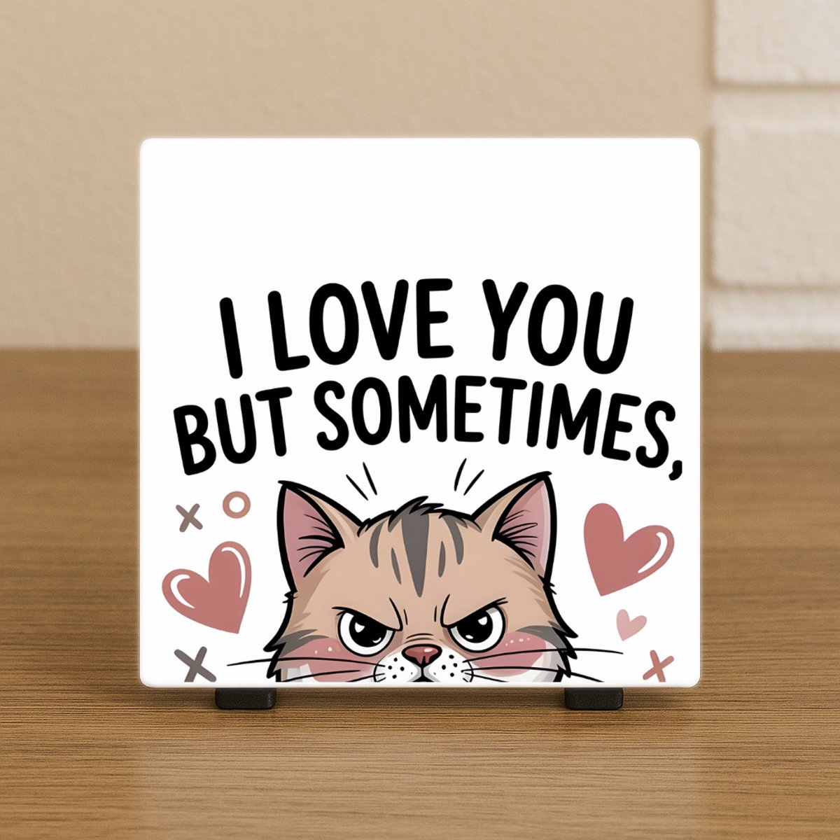 CreaCraft Wenstegeltje Kat "I Love You But Sometimes” – Humor Decoratie – Spreuktegel – Stijlvolle Woondecoratie met Boodschap – Trendy nu– Hip trendy tegeltje – Cadeau – Zomaar – Deco – Decoratief Tegeltje met Standaard – Cadeau Idee Illustratie