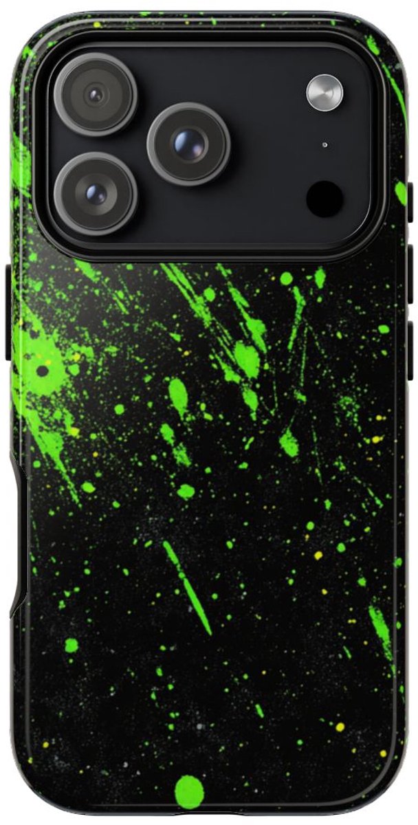 Neon Groene Spetters op Zwarte Achtergrond – Telefoonhoesje Geschikt voor iPhone 17 Pro