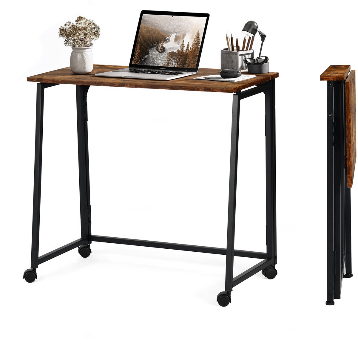 MEUBLES COSY Opvouwbaar bureau – Laptoptafel met 4 wielen – Voor kleine ruimtes – Industrieel metaal frame – Houtlook