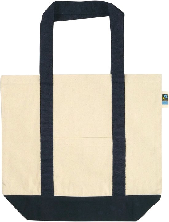 25 stuks Superstevige Shopper tas - OEKO-TEX/Fairtrade katoen gekleurde bodem en hengsels - ecru/blauw